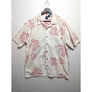 VTG Jantzen White Reverse Print Linen Blend Hawaiian Shirt Red Floral Print Sz L